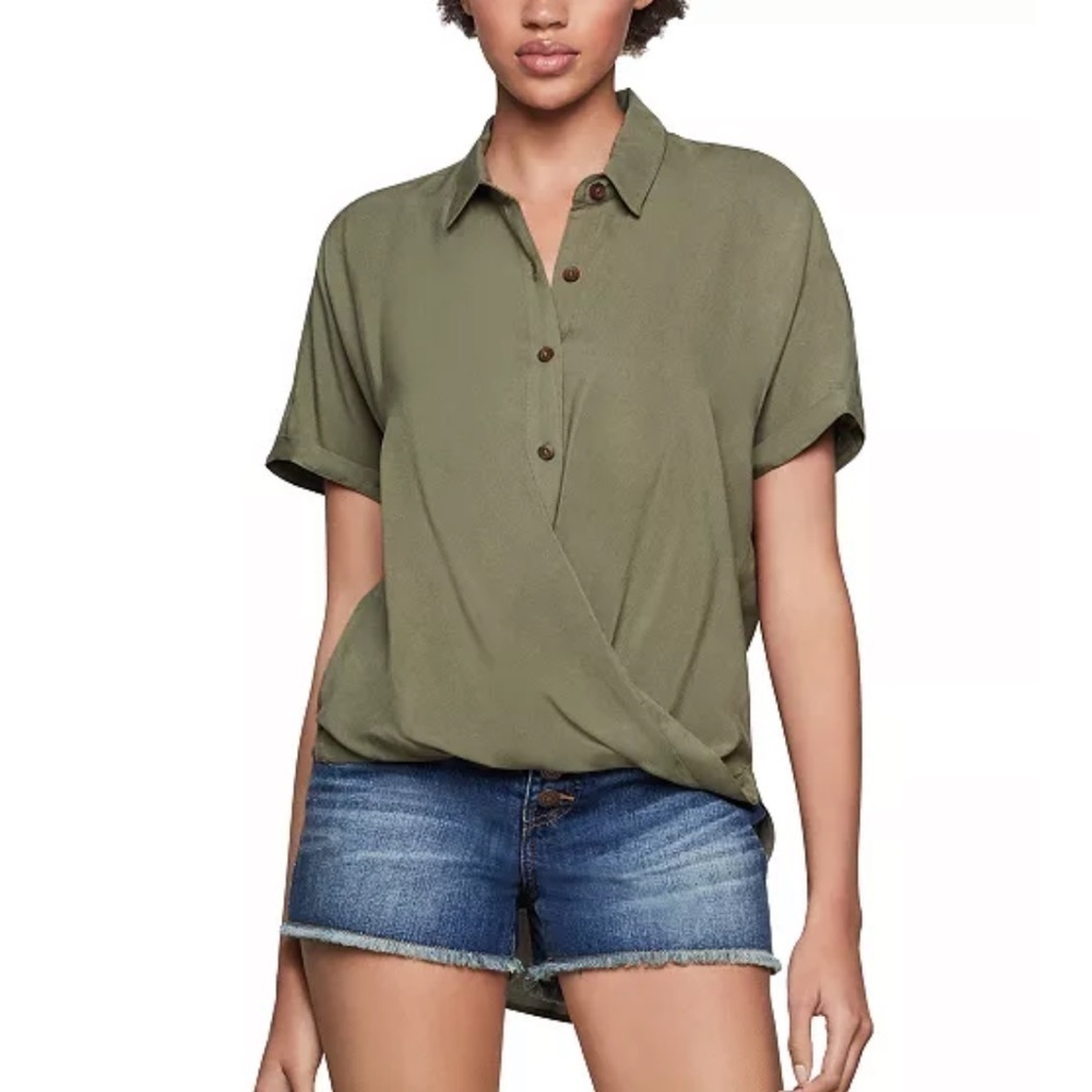 BCBGeneration High Low Wrap Shirt Blouse Top Dolman Sleeve Army Green Sz Small